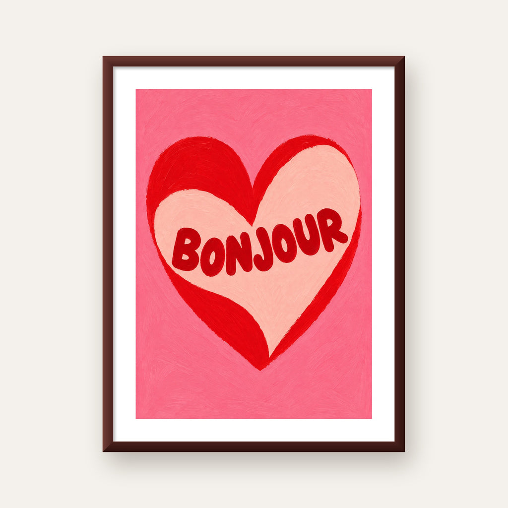 Kalpli Bonjour Yazılı El Boyaması Sanat Poster Baskısı — ceviz çerçeveli paspartulu