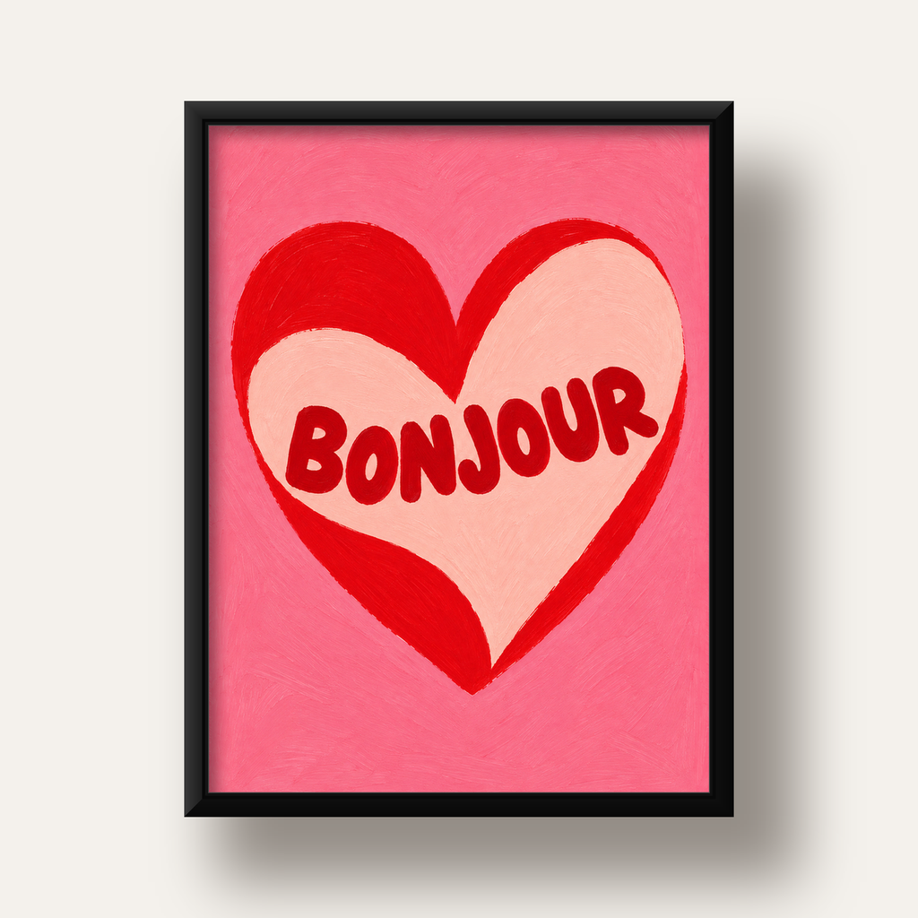 Kalpli Bonjour Yazılı El Boyaması Sanat Poster Baskısı — siyah derin çerçeveli
