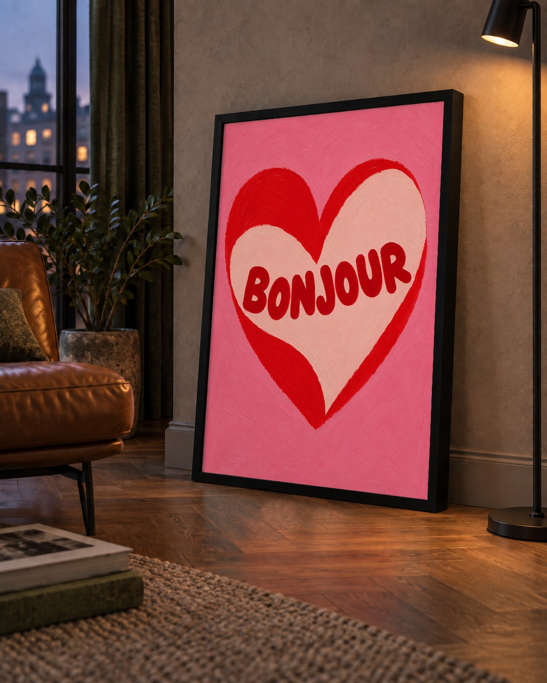 Kalpli Bonjour Yazılı El Boyaması Sanat Poster Baskısı — çerçeveli hâliyle bir ev duvarında