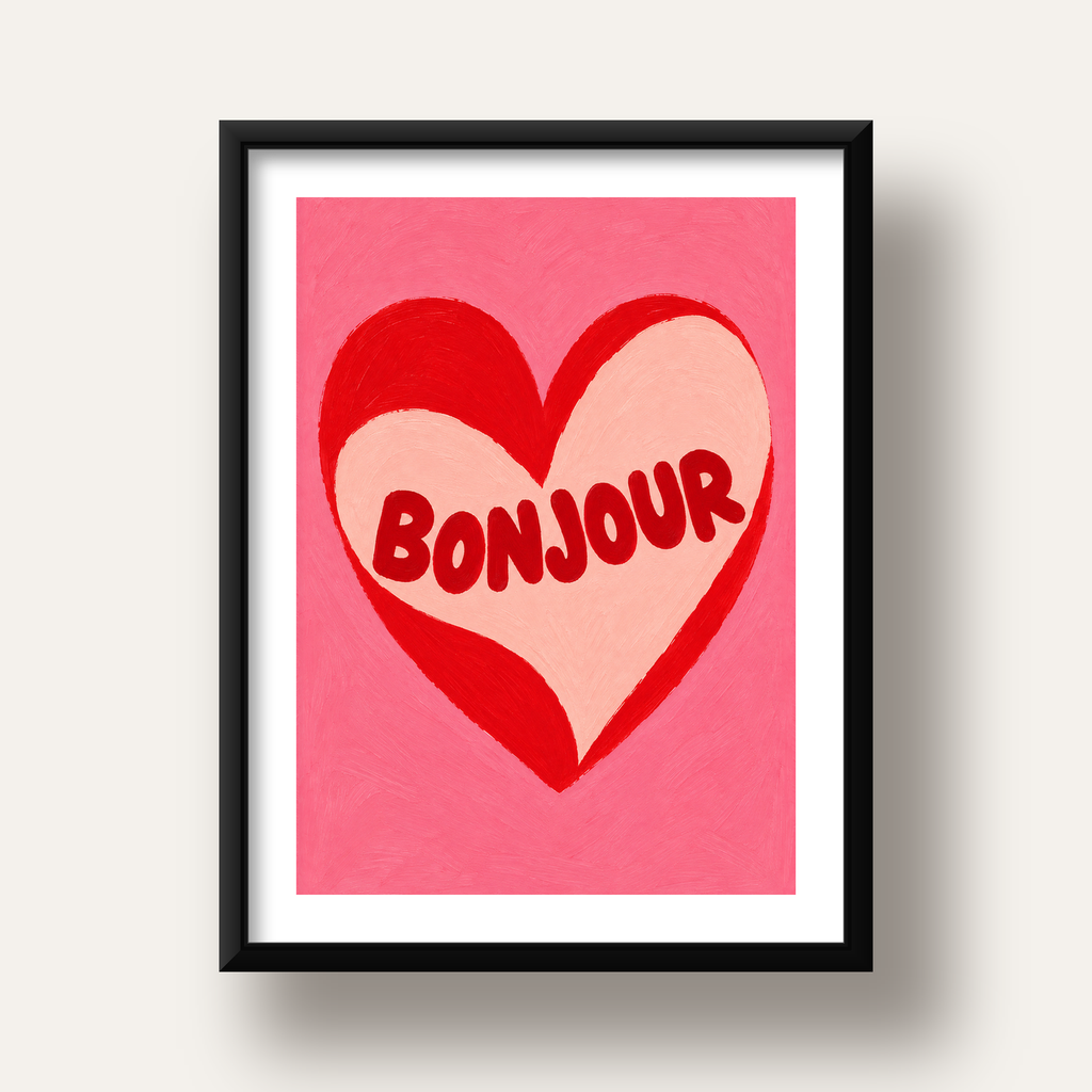 Kalpli Bonjour Yazılı El Boyaması Sanat Poster Baskısı — siyah derin çerçeveli paspartulu