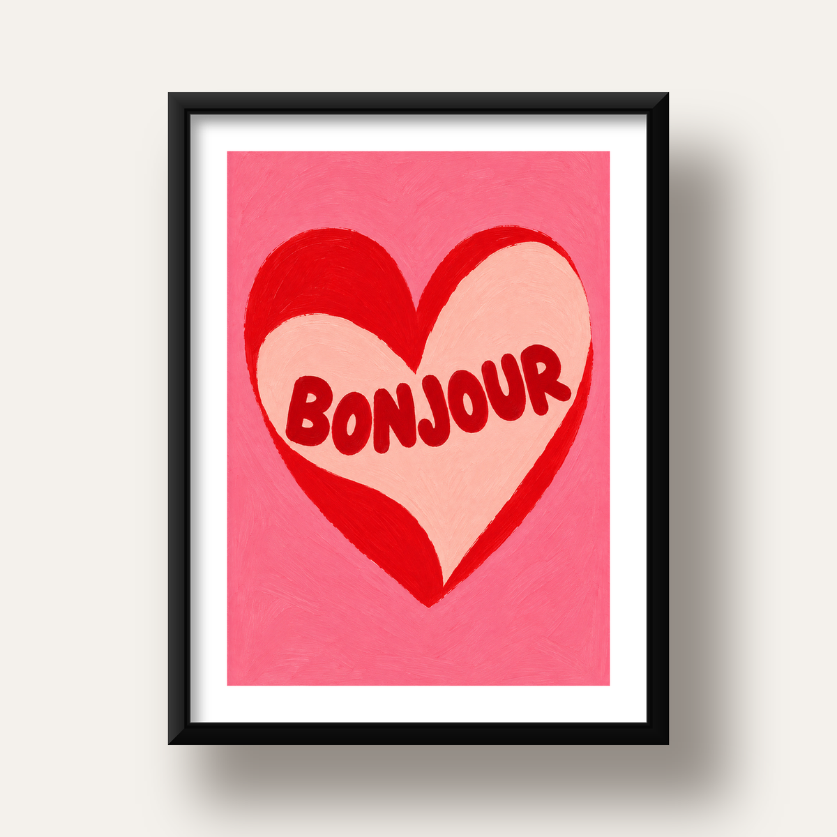 Kalpli Bonjour Yazılı El Boyaması Sanat Poster Baskısı — siyah derin çerçeveli paspartulu