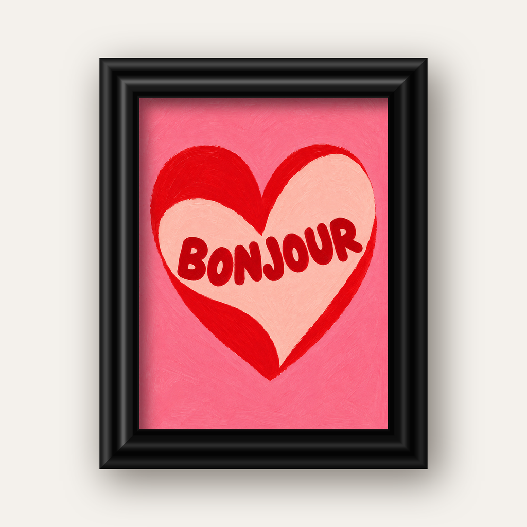 Kalpli Bonjour Yazılı El Boyaması Sanat Poster Baskısı — siyah galeri çerçeveli