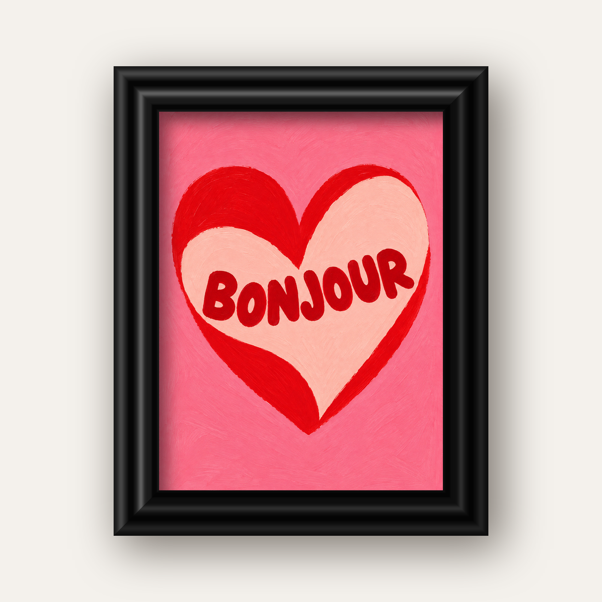 Kalpli Bonjour Yazılı El Boyaması Sanat Poster Baskısı — siyah galeri çerçeveli
