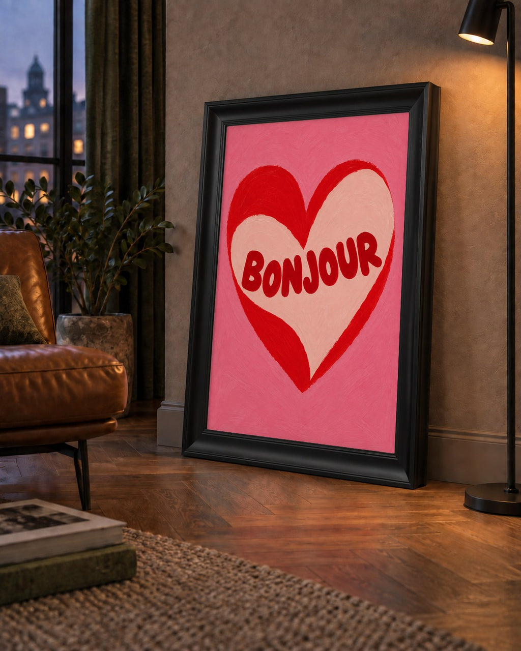Kalpli Bonjour Yazılı El Boyaması Sanat Poster Baskısı — çerçeveli hâliyle bir ev duvarında