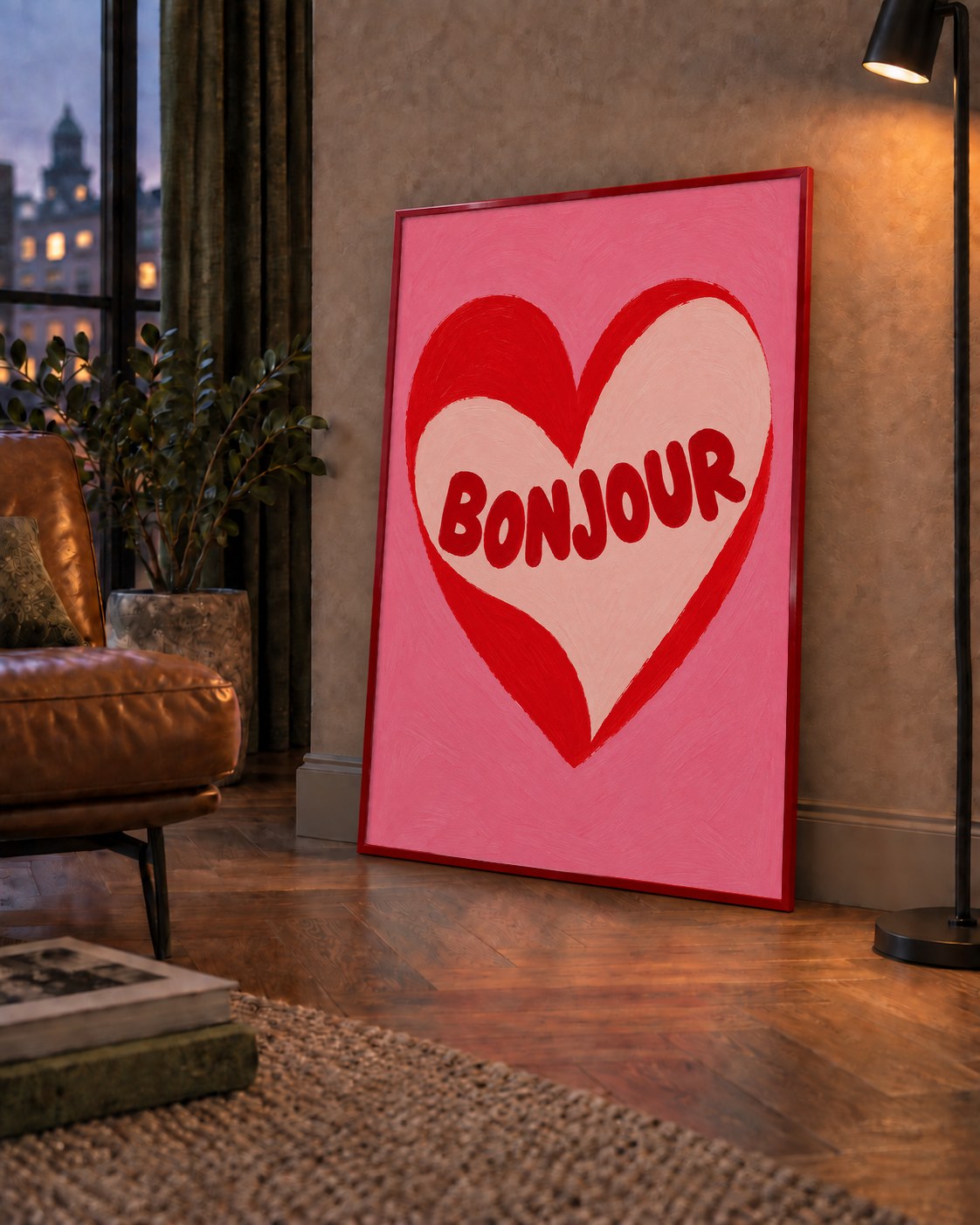 Kalpli Bonjour Yazılı El Boyaması Sanat Poster Baskısı — çerçeveli hâliyle bir ev duvarında