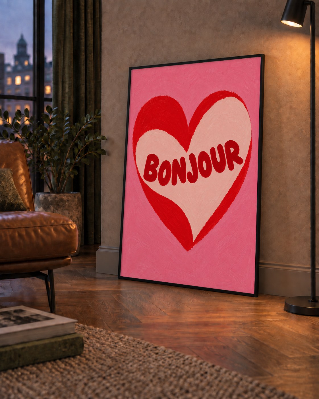 Kalpli Bonjour Yazılı El Boyaması Sanat Poster Baskısı — çerçeveli hâliyle bir ev duvarında