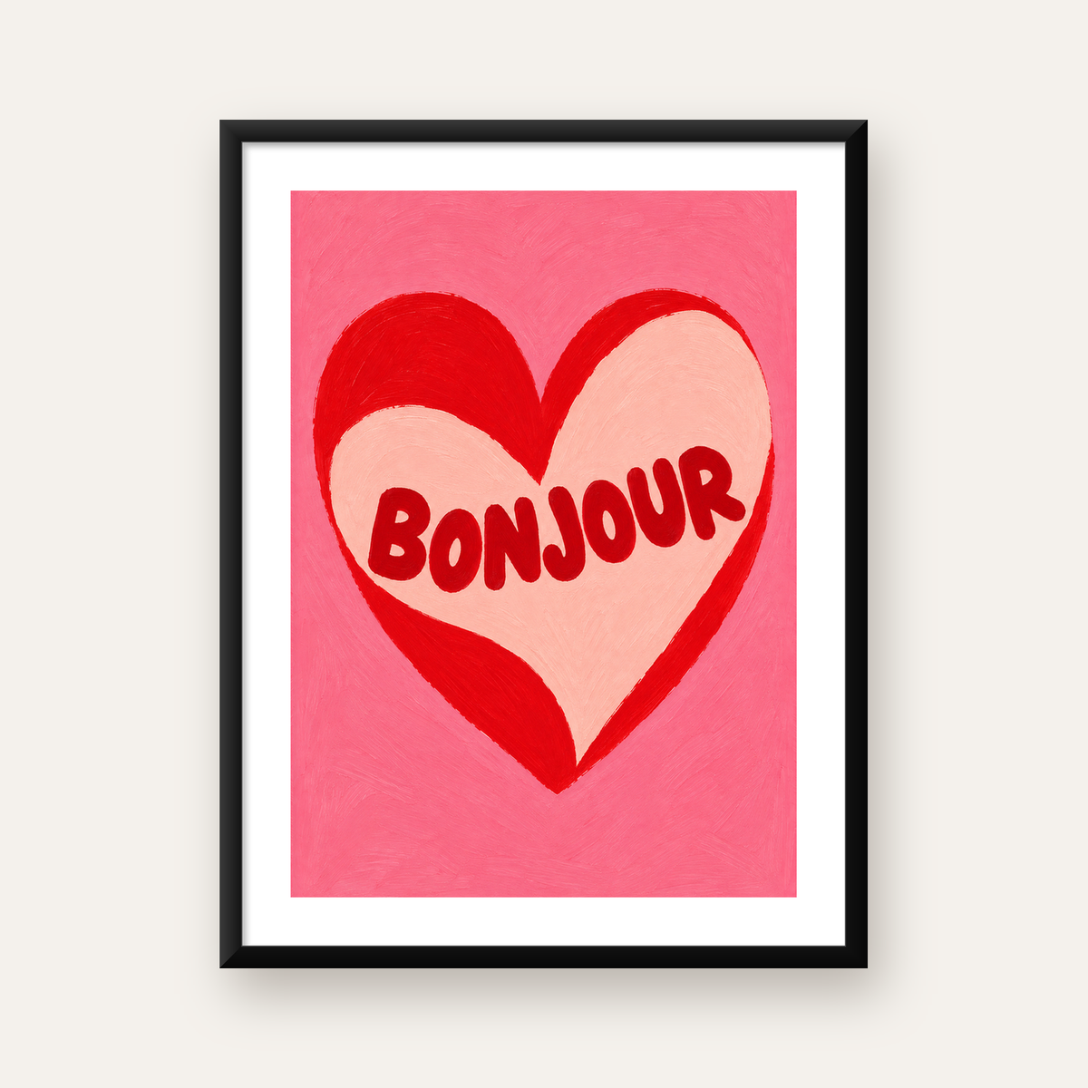 Kalpli Bonjour Yazılı Modern Duvar Posteri — Dikey baskı, beyaz kenar boşluklu