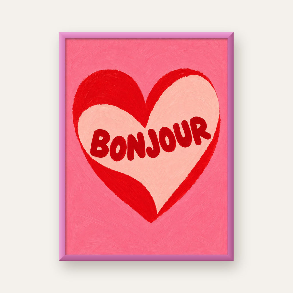 Kalpli Bonjour Yazılı El Boyaması Sanat Poster Baskısı — pembe çerçeveli