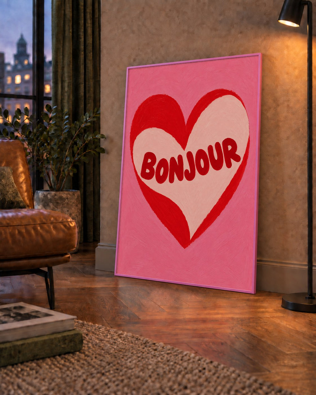 Kalpli Bonjour Yazılı El Boyaması Sanat Poster Baskısı — çerçeveli hâliyle bir ev duvarında