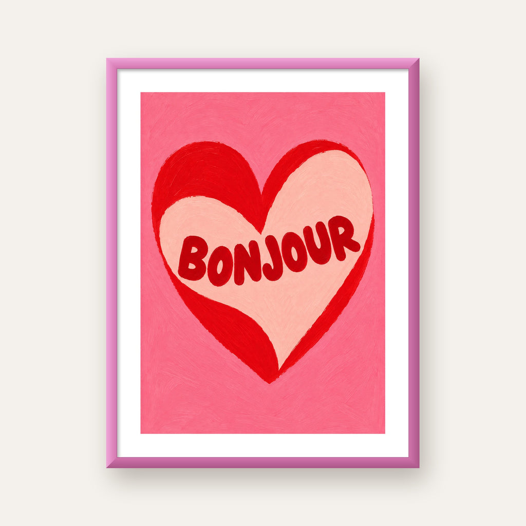 Kalpli Bonjour Yazılı El Boyaması Sanat Poster Baskısı — pembe çerçeveli paspartulu