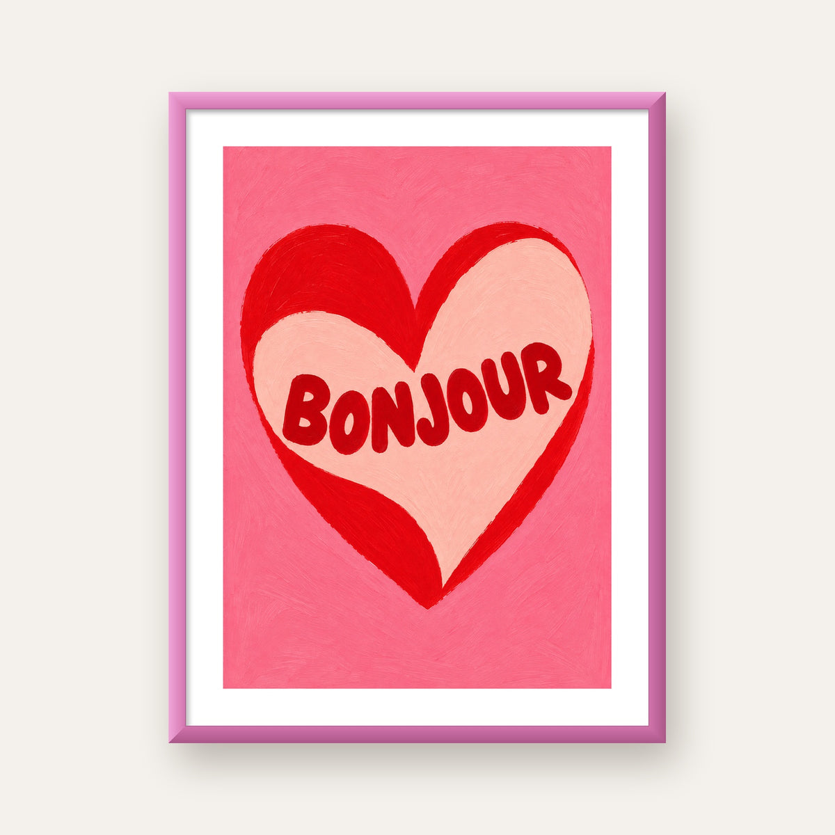 Kalpli Bonjour Yazılı El Boyaması Sanat Poster Baskısı — pembe çerçeveli paspartulu