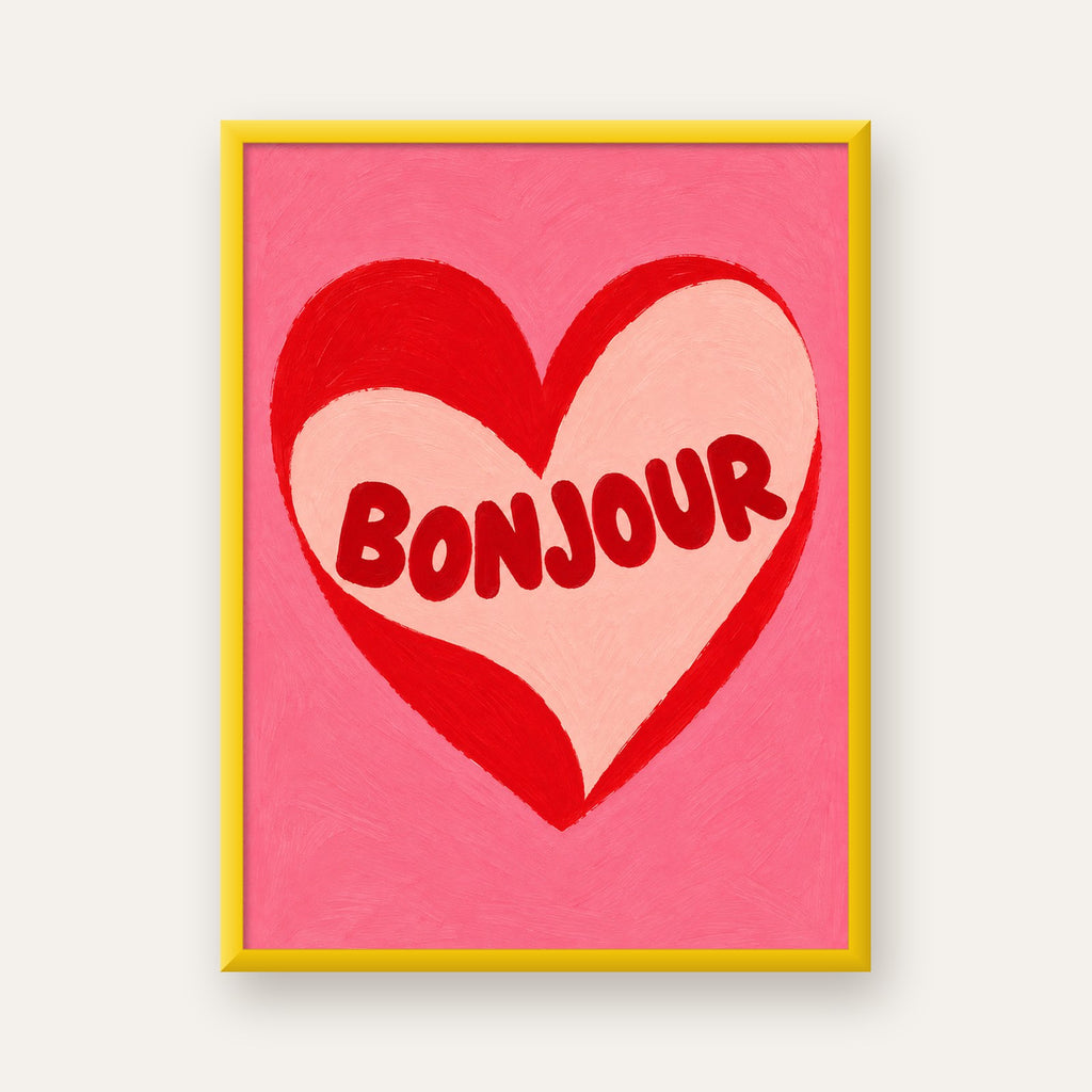 Kalpli Bonjour Yazılı El Boyaması Sanat Poster Baskısı — sarı çerçeveli