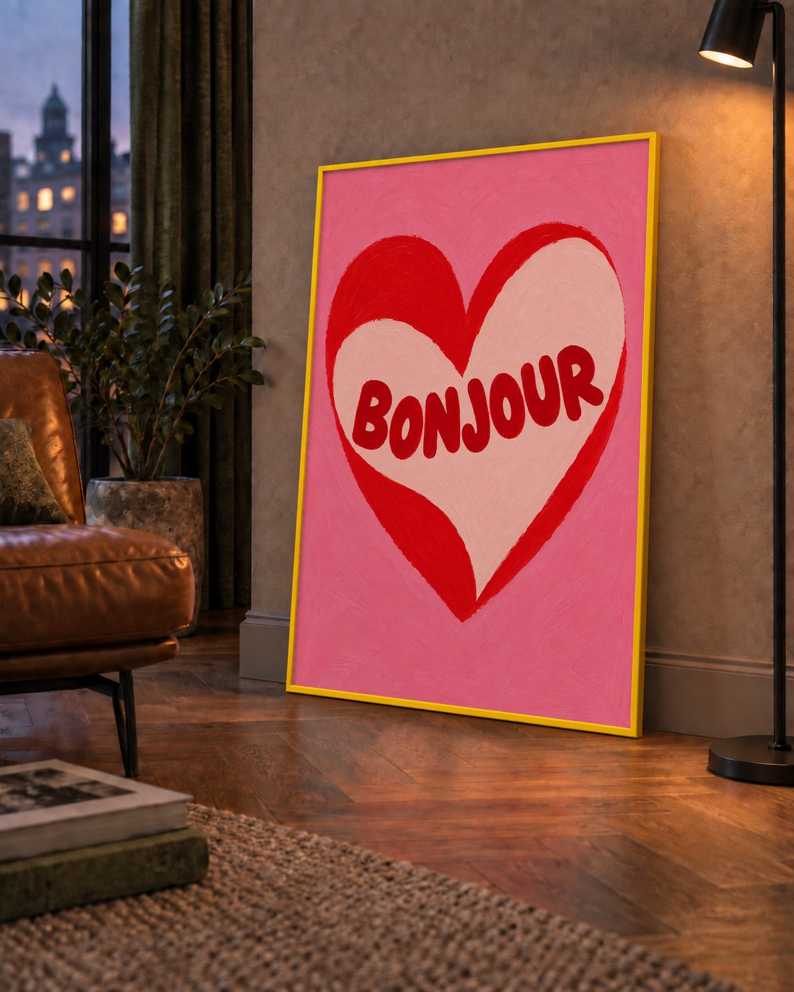 Kalpli Bonjour Yazılı El Boyaması Sanat Poster Baskısı — çerçeveli hâliyle bir ev duvarında