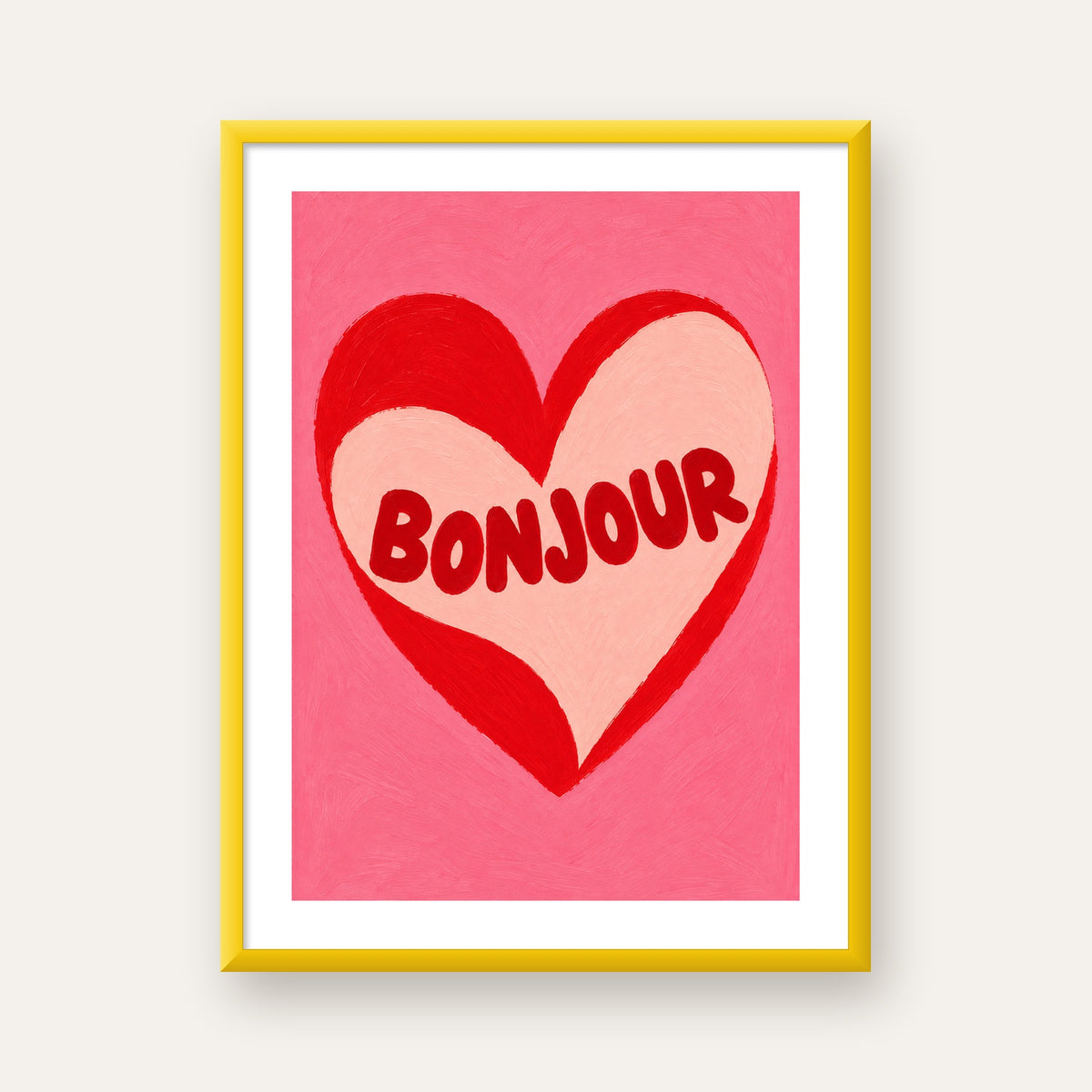 Kalpli Bonjour Yazılı El Boyaması Sanat Poster Baskısı — sarı çerçeveli paspartulu