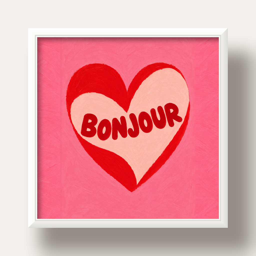 Kalpli Bonjour Yazılı El Boyaması Sanat Poster Baskısı — beyaz derin çerçeveli