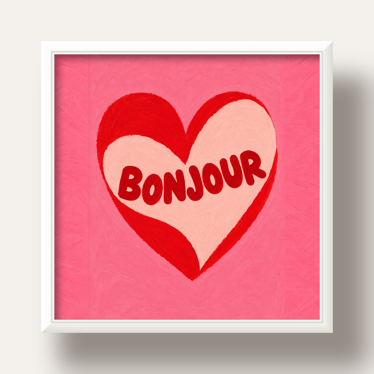 Kalpli Bonjour Yazılı El Boyaması Sanat Poster Baskısı — beyaz derin çerçeveli