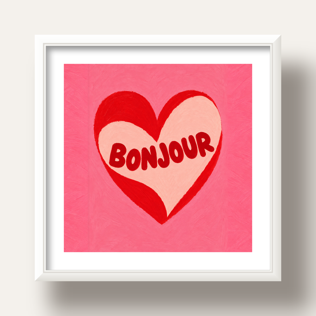Kalpli Bonjour Yazılı El Boyaması Sanat Poster Baskısı — beyaz derin çerçeveli paspartulu