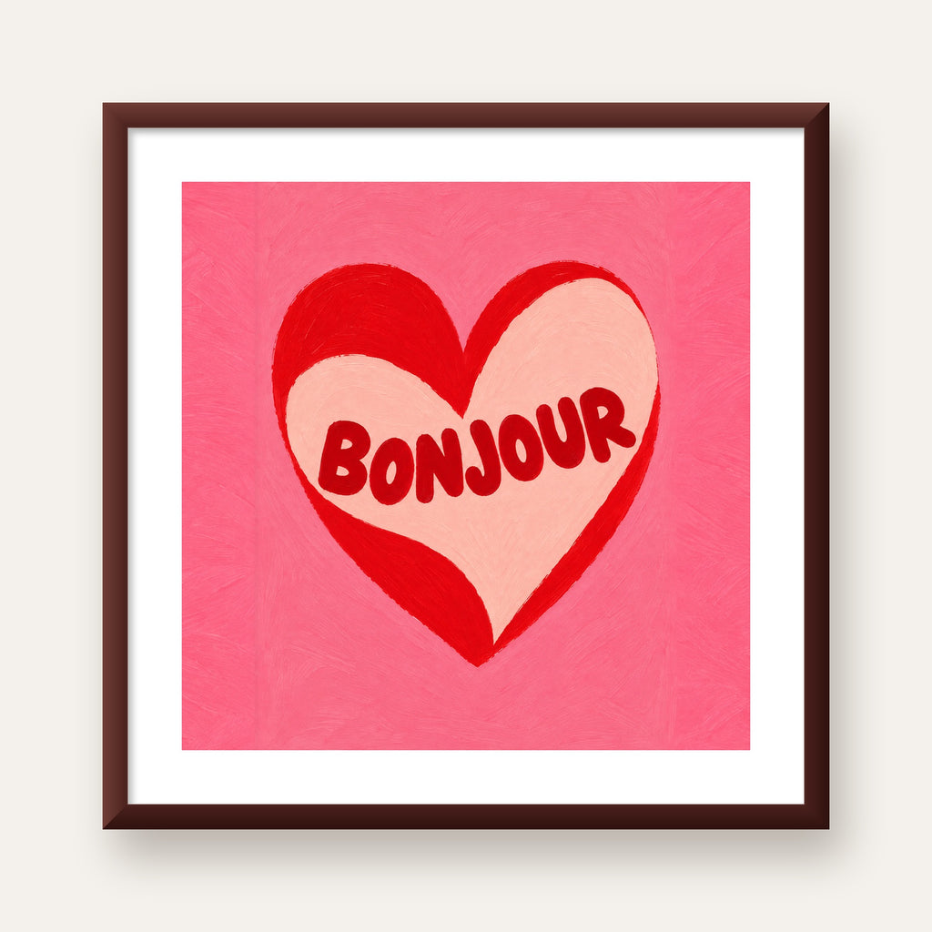 Kalpli Bonjour Yazılı El Boyaması Sanat Poster Baskısı — ceviz çerçeveli paspartulu