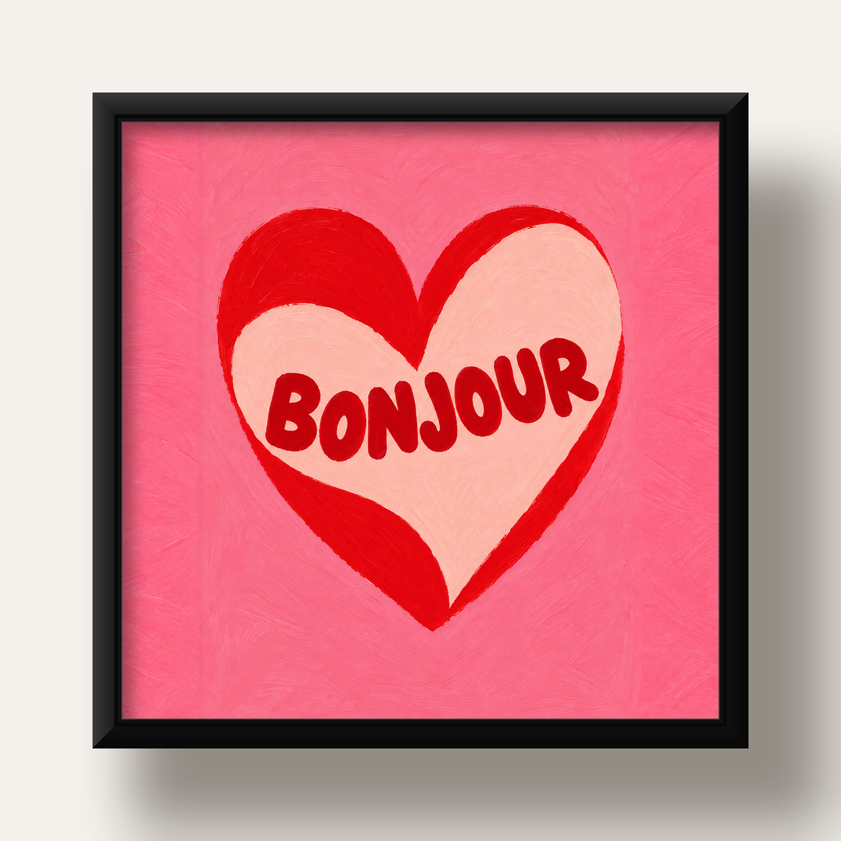 Kalpli Bonjour Yazılı El Boyaması Sanat Poster Baskısı — siyah derin çerçeveli