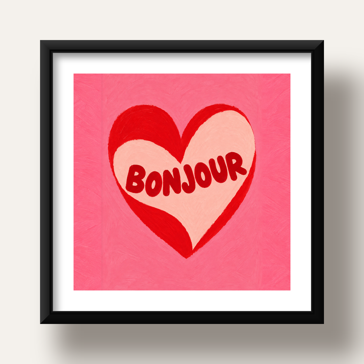 Kalpli Bonjour Yazılı El Boyaması Sanat Poster Baskısı — siyah derin çerçeveli paspartulu