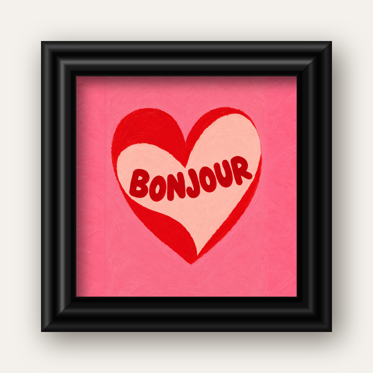 Kalpli Bonjour Yazılı El Boyaması Sanat Poster Baskısı — siyah galeri çerçeveli