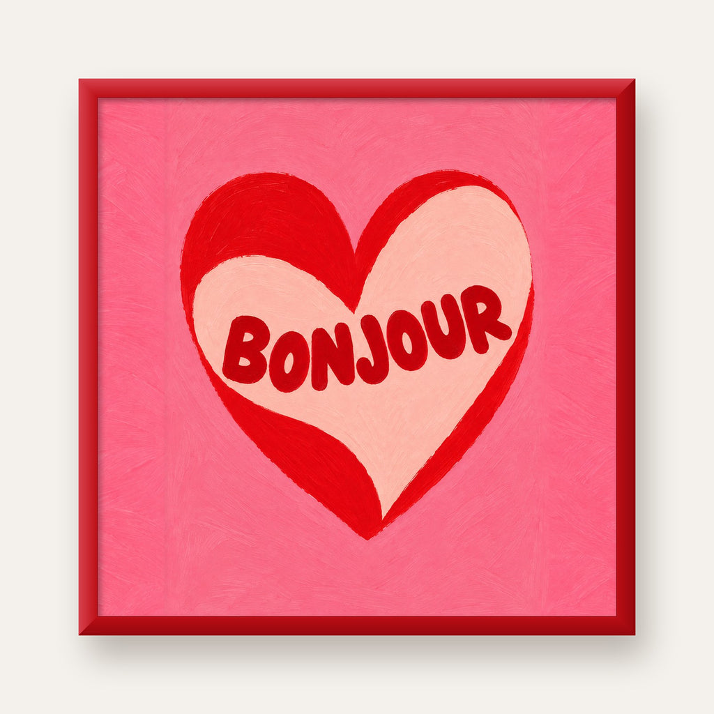 Kalpli Bonjour Yazılı El Boyaması Sanat Poster Baskısı — kırmızı çerçeveli