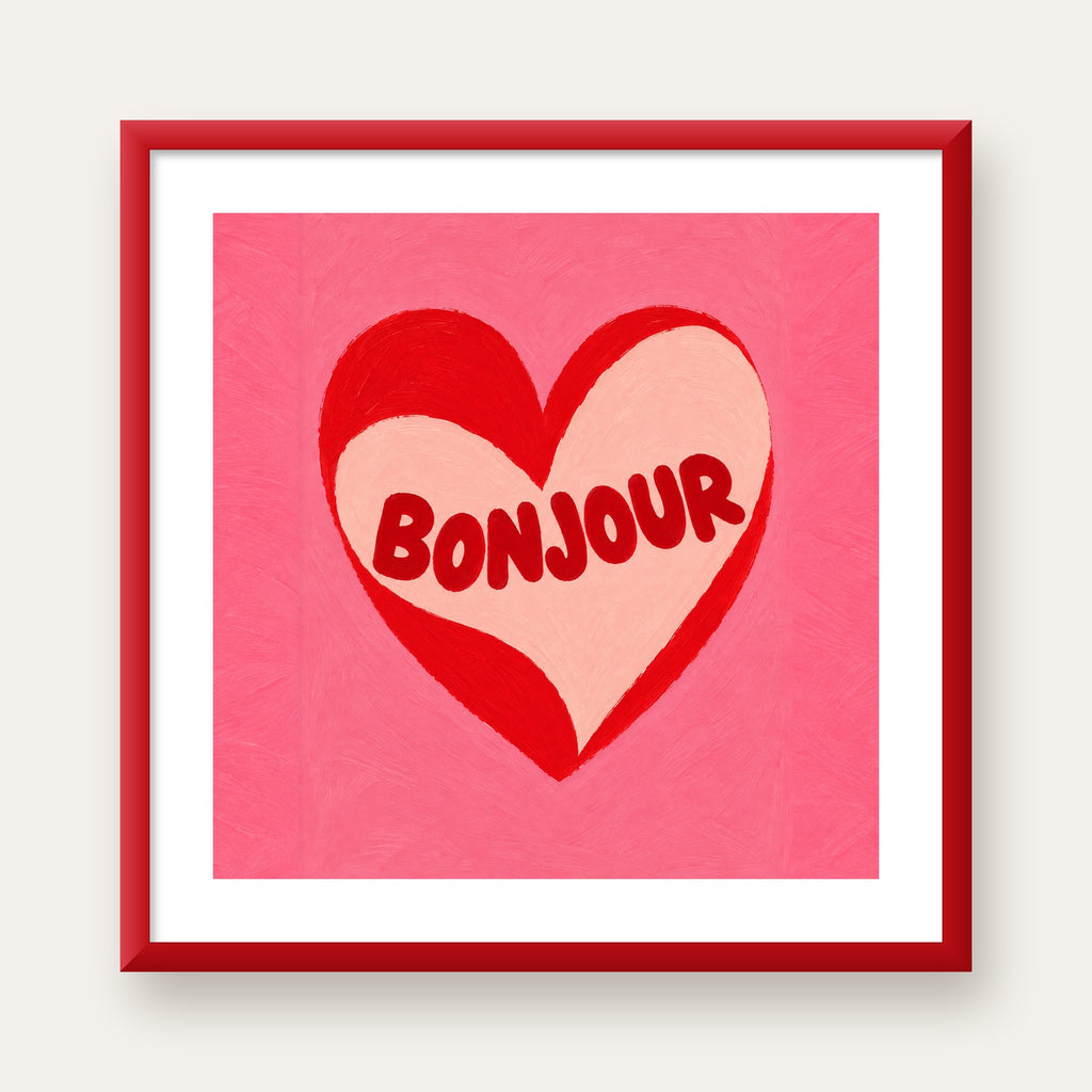 Kalpli Bonjour Yazılı El Boyaması Sanat Poster Baskısı — kırmızı çerçeveli paspartulu
