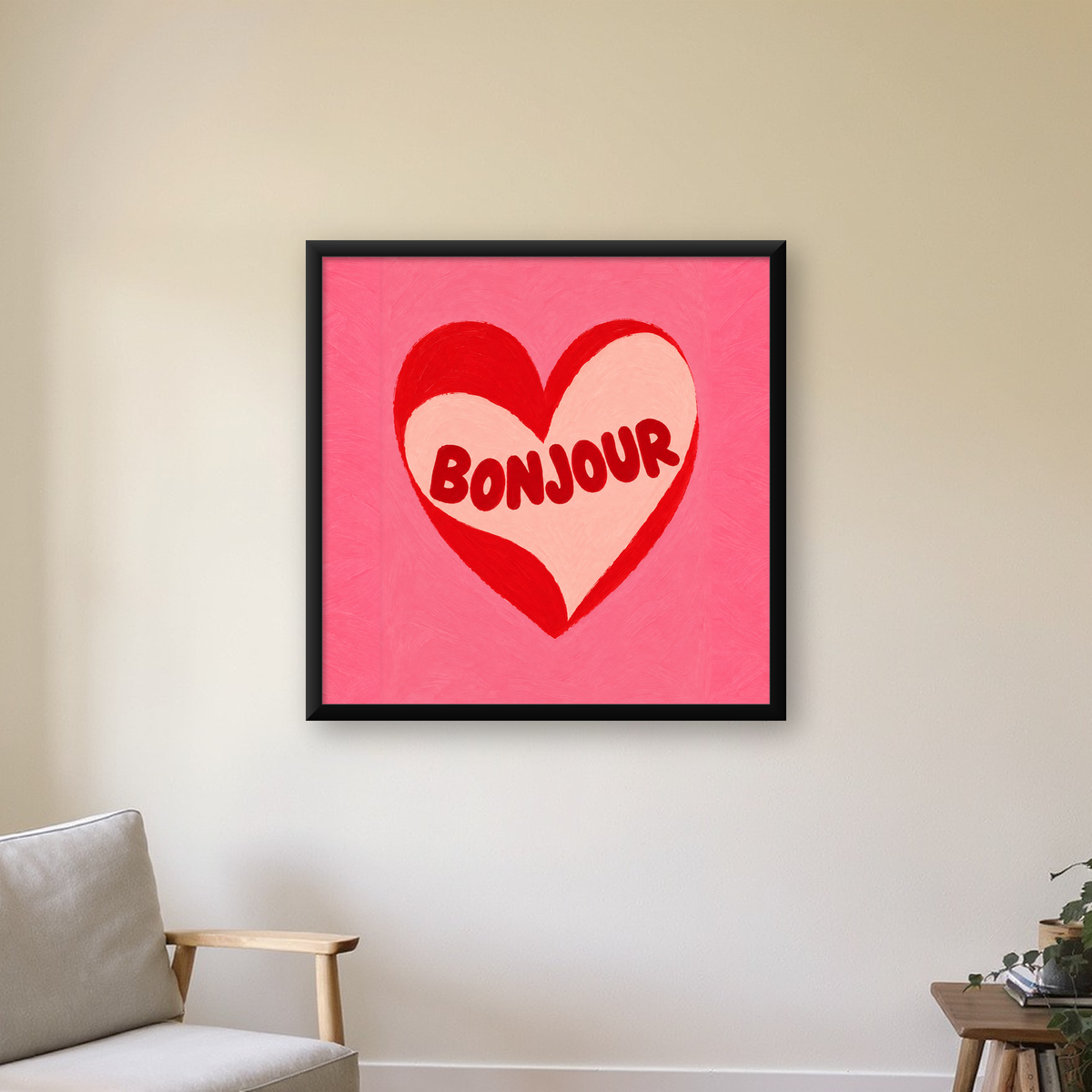 Kalpli Bonjour Yazılı Modern Duvar Posteri — Kare baskı, çerçeveli hâliyle bir ev duvarında