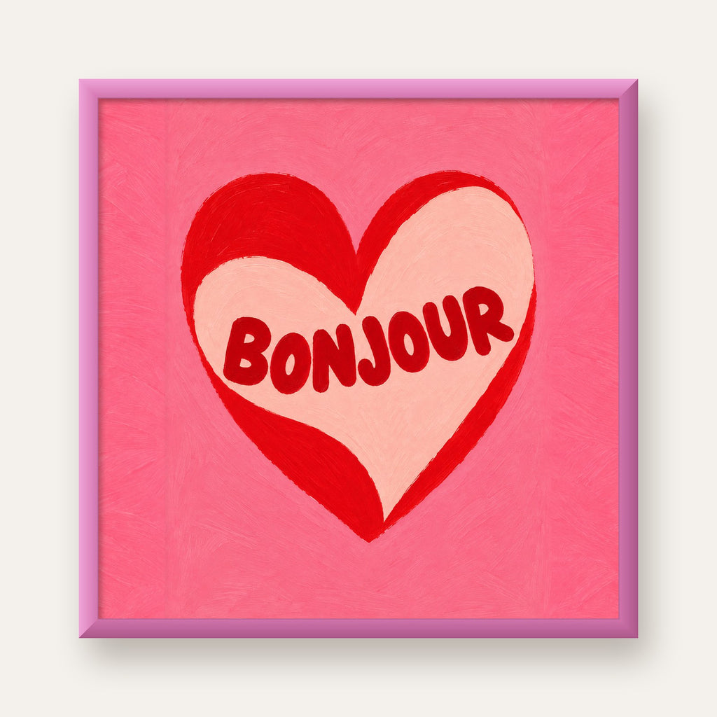 Kalpli Bonjour Yazılı El Boyaması Sanat Poster Baskısı — pembe çerçeveli