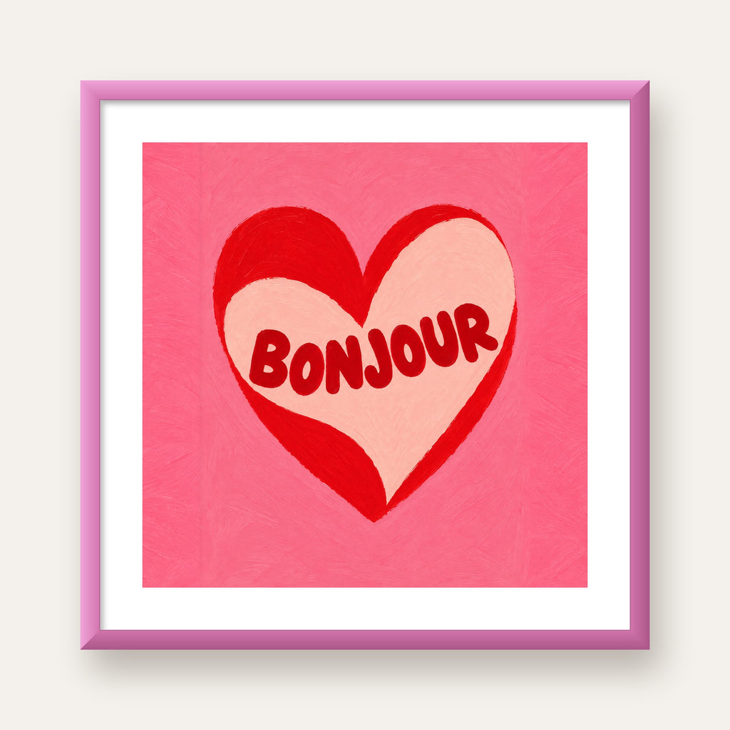 Kalpli Bonjour Yazılı El Boyaması Sanat Poster Baskısı — pembe çerçeveli paspartulu