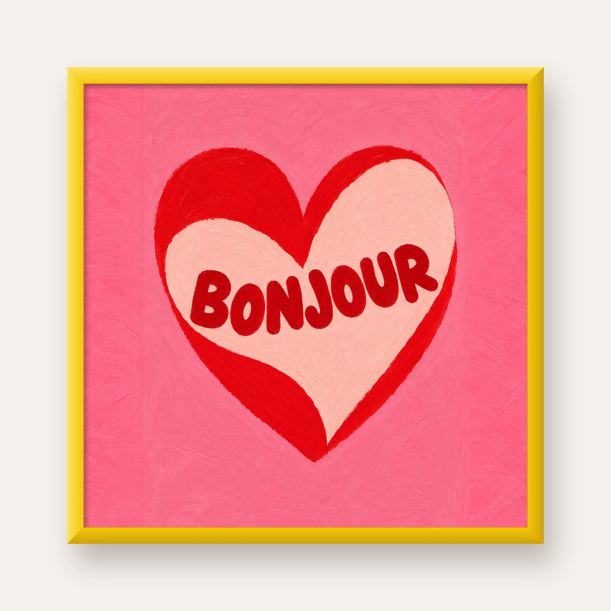 Kalpli Bonjour Yazılı El Boyaması Sanat Poster Baskısı — sarı çerçeveli