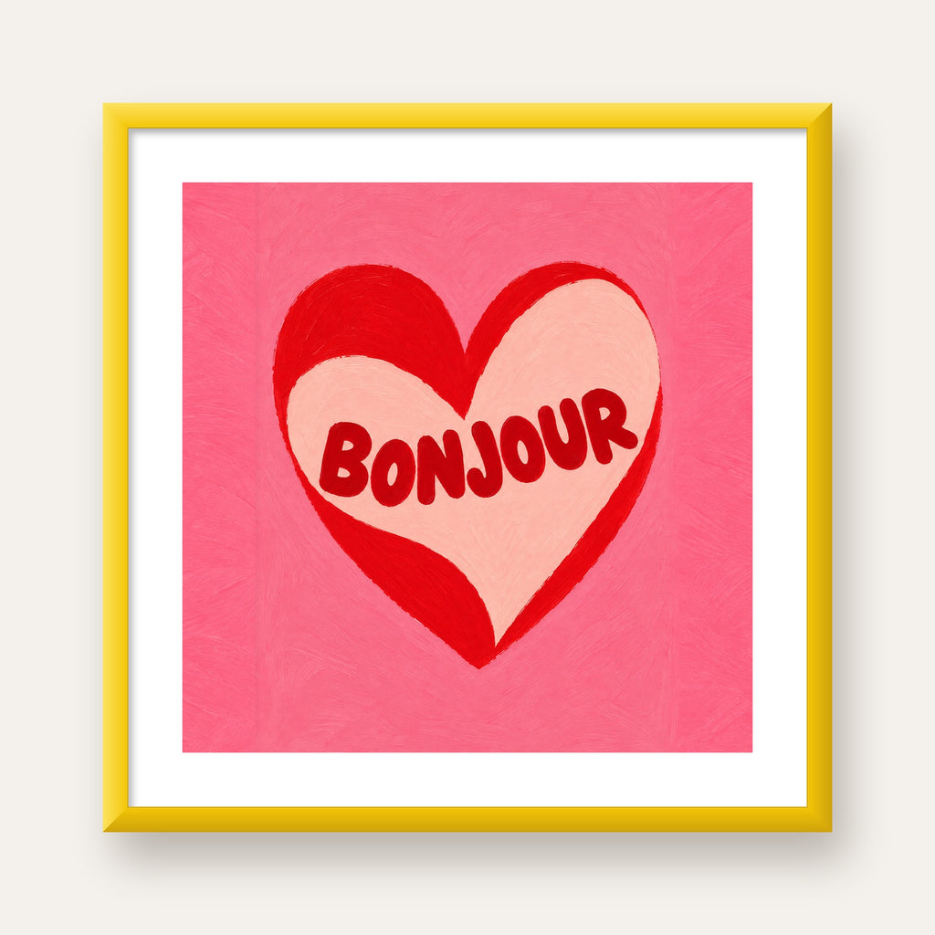 Kalpli Bonjour Yazılı El Boyaması Sanat Poster Baskısı — sarı çerçeveli paspartulu