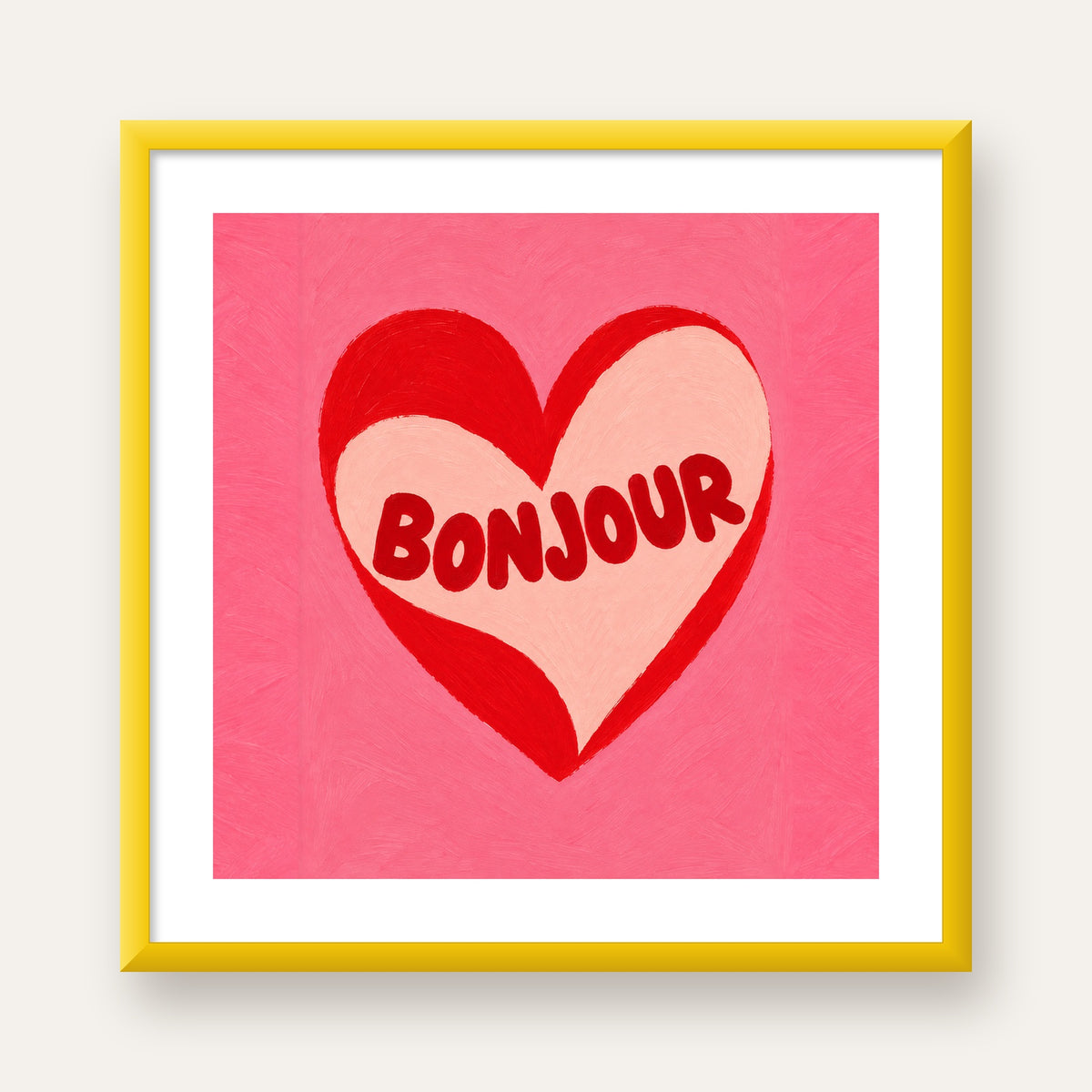 Kalpli Bonjour Yazılı El Boyaması Sanat Poster Baskısı — sarı çerçeveli paspartulu