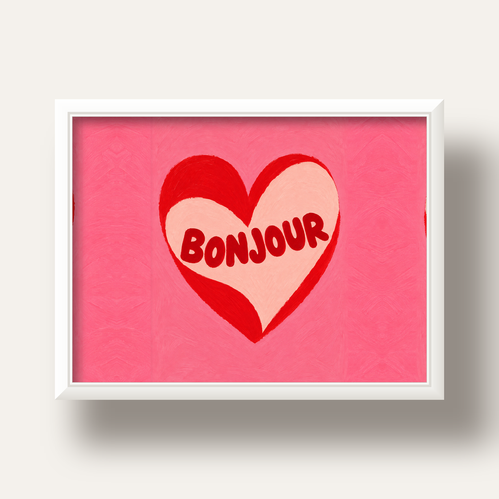 Kalpli Bonjour Yazılı El Boyaması Sanat Poster Baskısı — beyaz derin çerçeveli