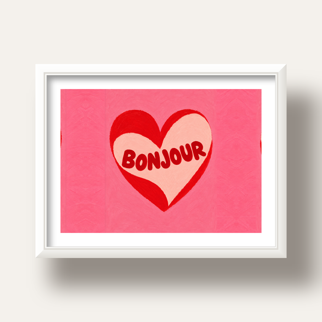Kalpli Bonjour Yazılı El Boyaması Sanat Poster Baskısı — beyaz derin çerçeveli paspartulu