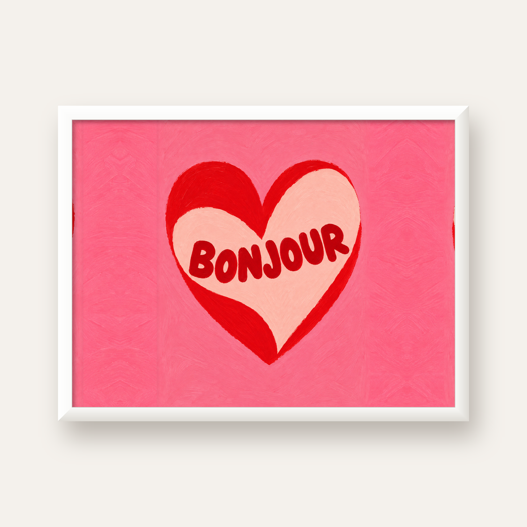 Kalpli Bonjour Yazılı El Boyaması Sanat Poster Baskısı — beyaz çerçeveli yatay poster