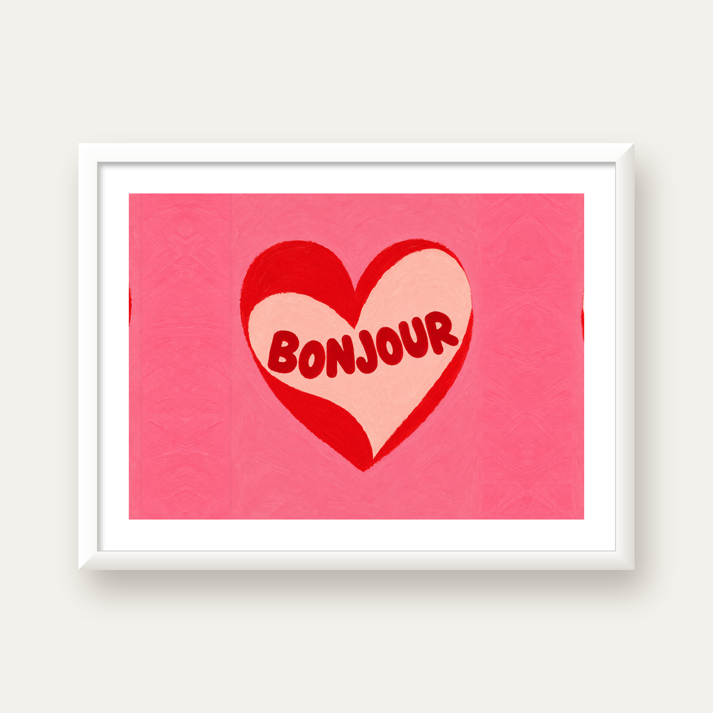 Kalpli Bonjour Yazılı El Boyaması Sanat Poster Baskısı — beyaz çerçeveli yatay poster