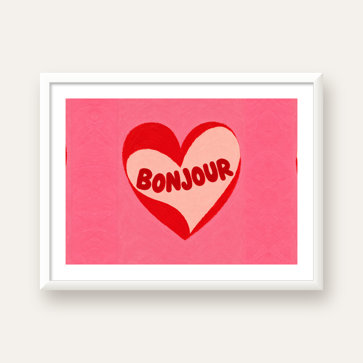 Kalpli Bonjour Yazılı El Boyaması Sanat Poster Baskısı — beyaz çerçeveli yatay poster