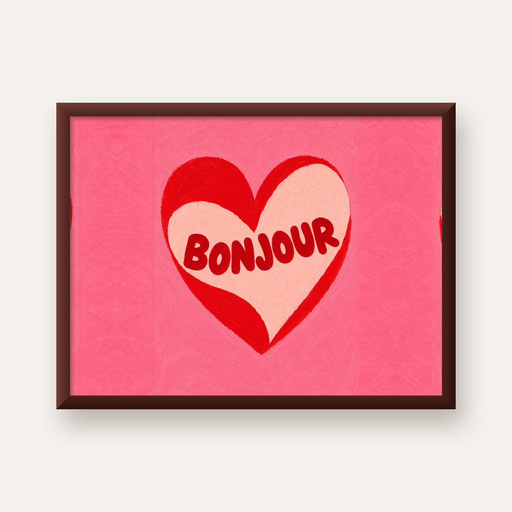 Kalpli Bonjour Yazılı El Boyaması Sanat Poster Baskısı — ceviz çerçeveli