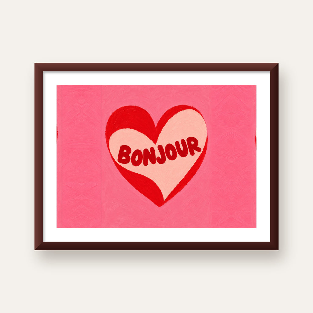 Kalpli Bonjour Yazılı El Boyaması Sanat Poster Baskısı — ceviz çerçeveli paspartulu