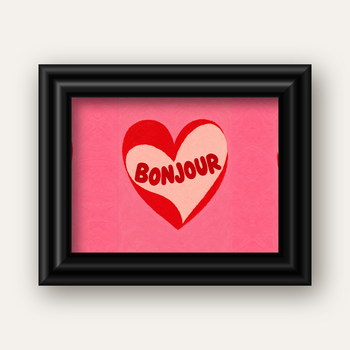 Kalpli Bonjour Yazılı El Boyaması Sanat Poster Baskısı — siyah galeri çerçeveli