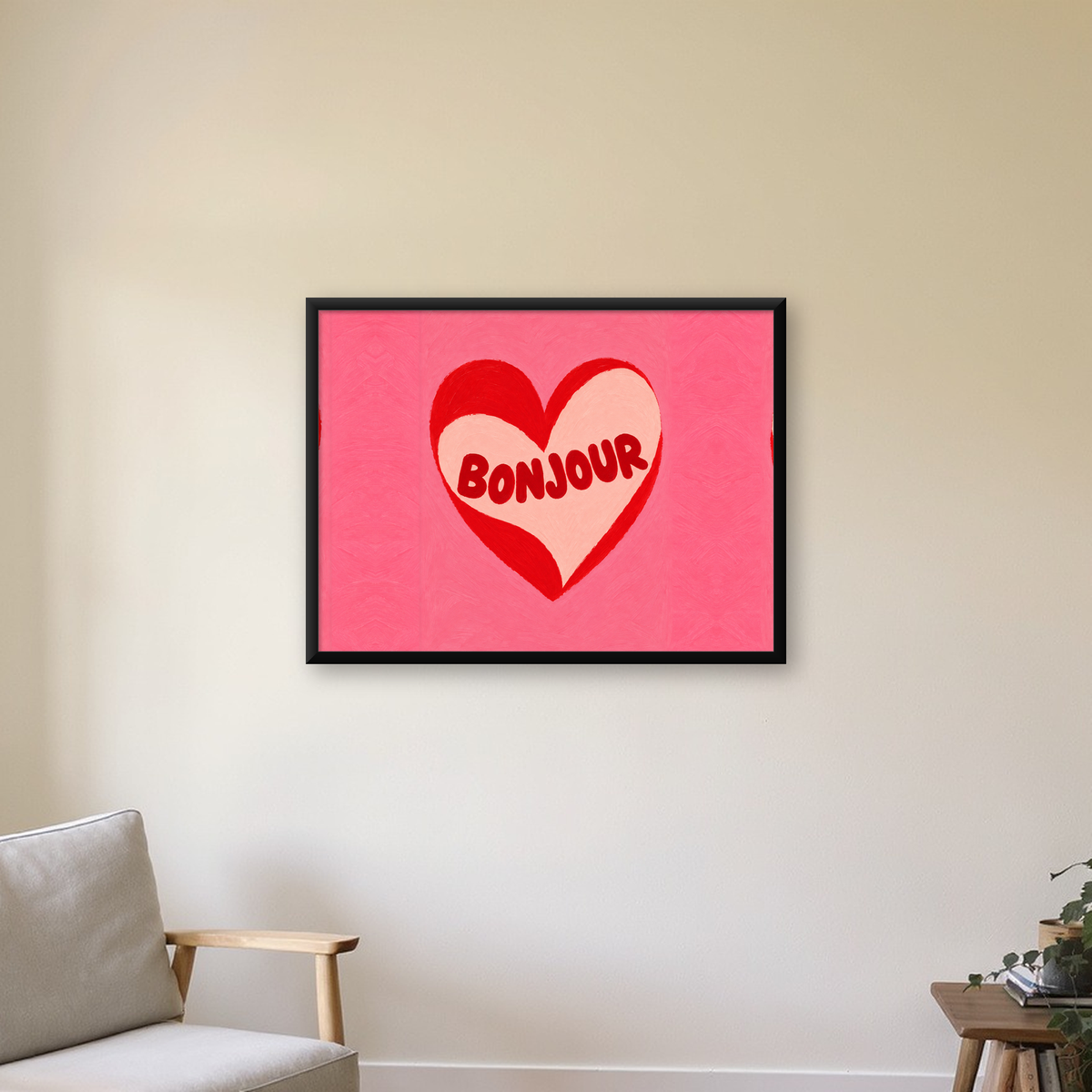 Kalpli Bonjour Yazılı Modern Duvar Posteri — Yatay baskı, çerçeveli hâliyle bir ev duvarında