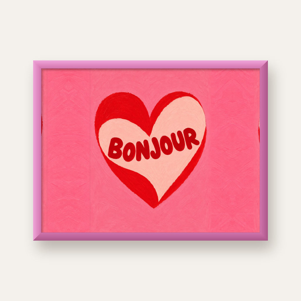 Kalpli Bonjour Yazılı El Boyaması Sanat Poster Baskısı — pembe çerçeveli