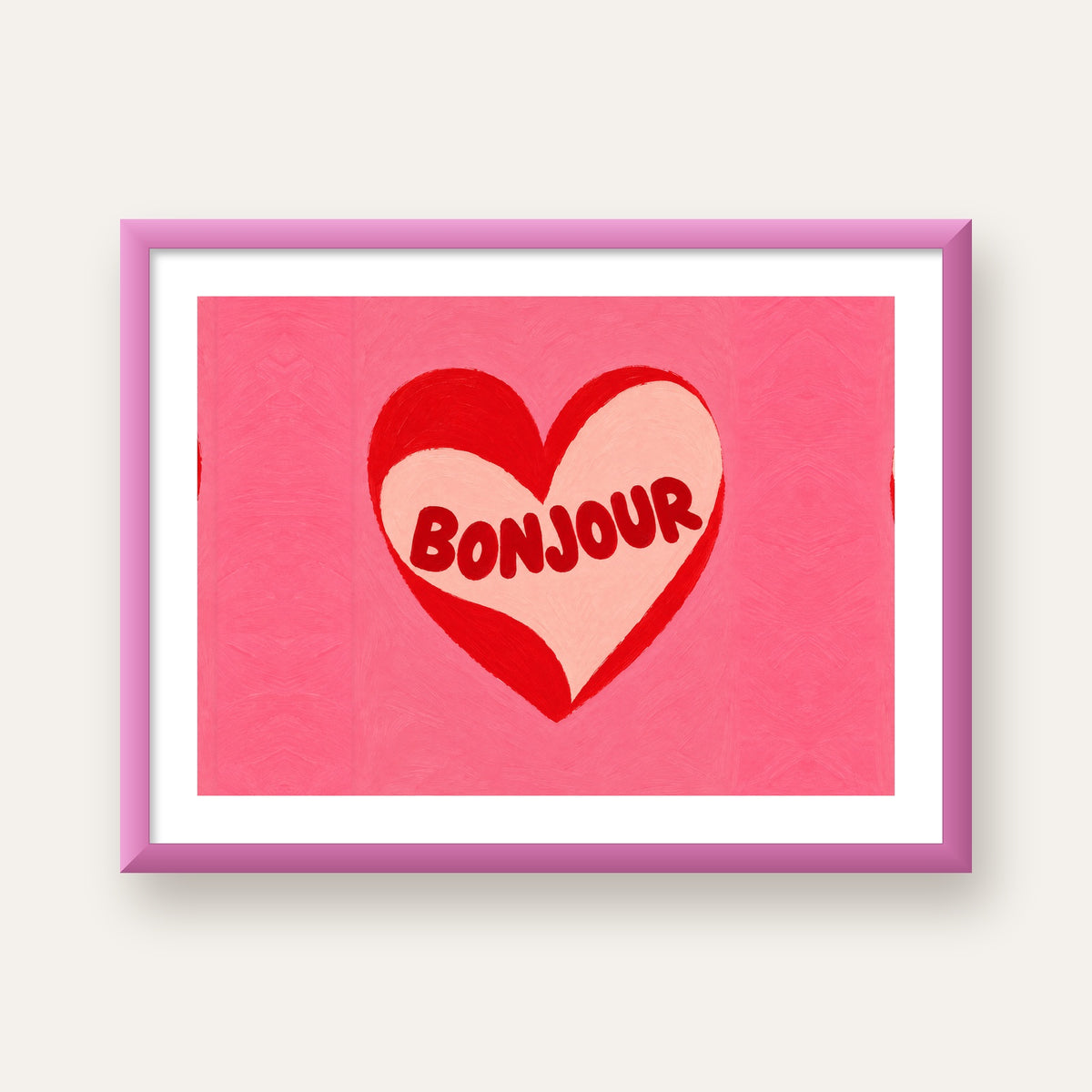 Kalpli Bonjour Yazılı El Boyaması Sanat Poster Baskısı — pembe çerçeveli paspartulu