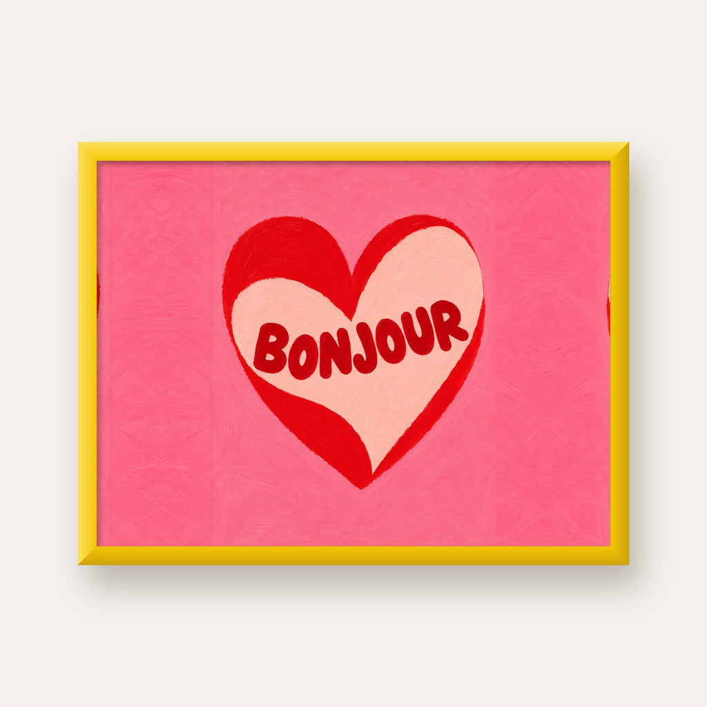 Kalpli Bonjour Yazılı El Boyaması Sanat Poster Baskısı — sarı çerçeveli