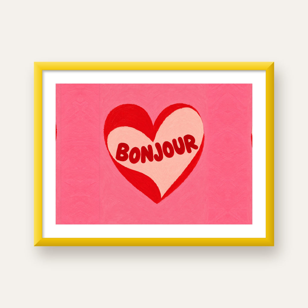 Kalpli Bonjour Yazılı El Boyaması Sanat Poster Baskısı — sarı çerçeveli paspartulu
