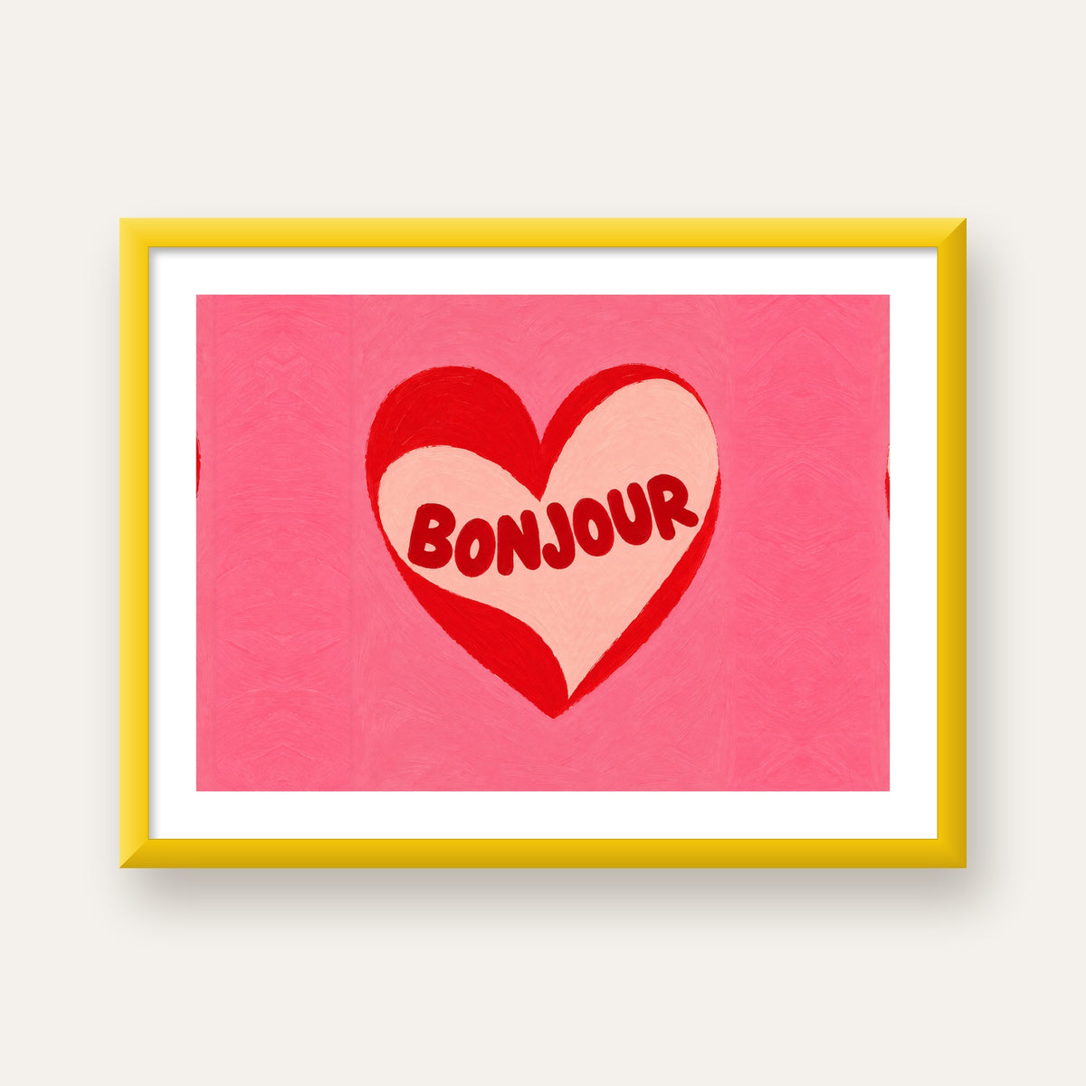 Kalpli Bonjour Yazılı El Boyaması Sanat Poster Baskısı — sarı çerçeveli paspartulu