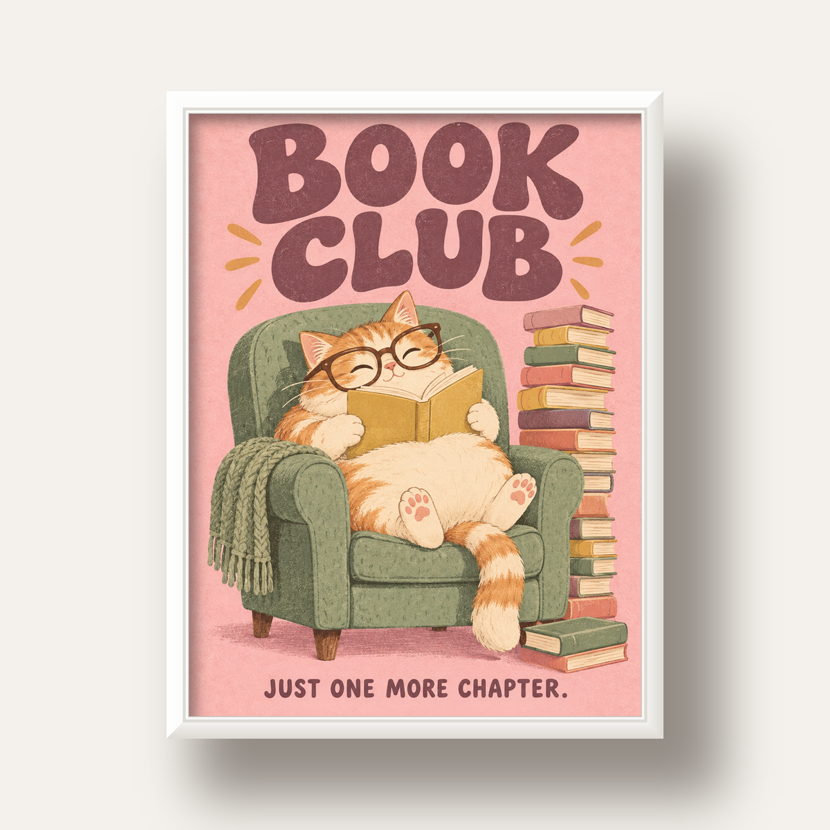 Kitap Okuyan Kedi Poster – Sevimli Book Club Duvar Dekoru — beyaz derin çerçeveli