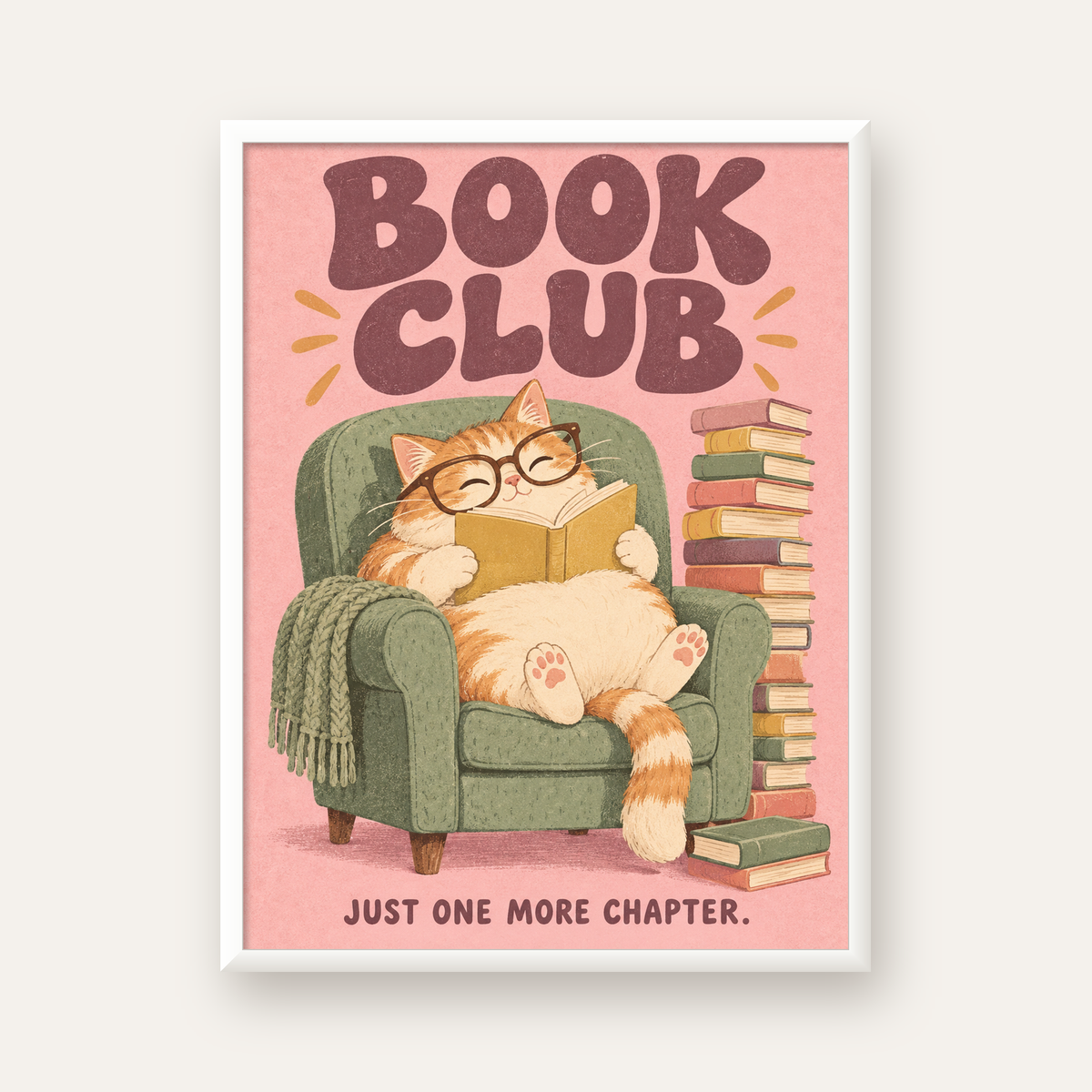Kitap Okuyan Kedi Poster – Sevimli Book Club Duvar Dekoru — beyaz çerçeveli dikey poster