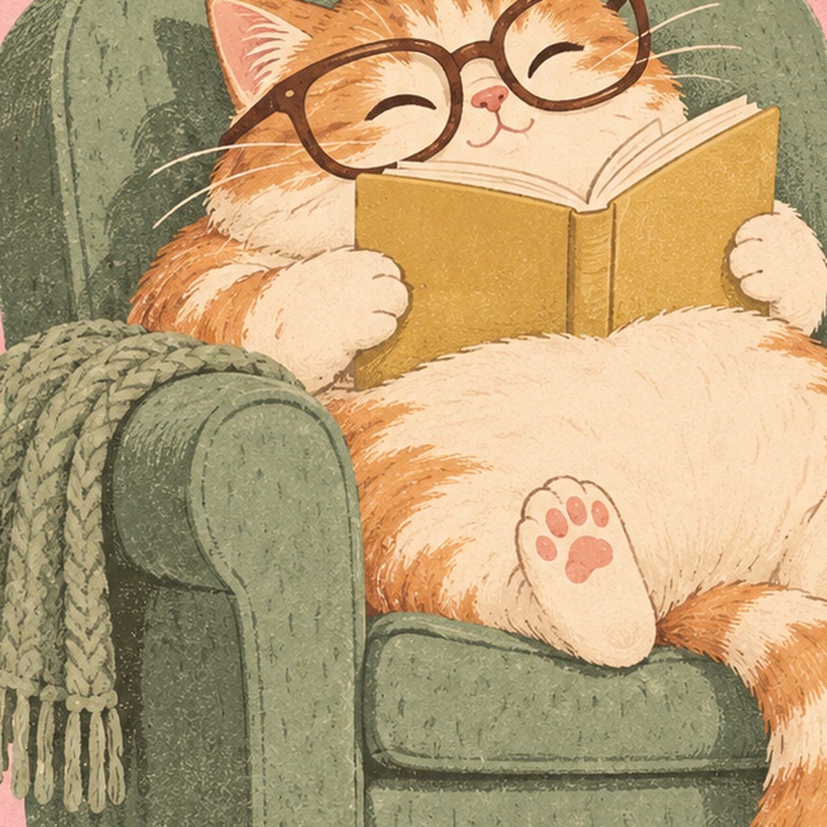 Kitap Okuyan Kedi Poster – Sevimli Book Club Duvar Dekoru — baskının yakın çekimi, kâğıt dokusu ve renk detayı